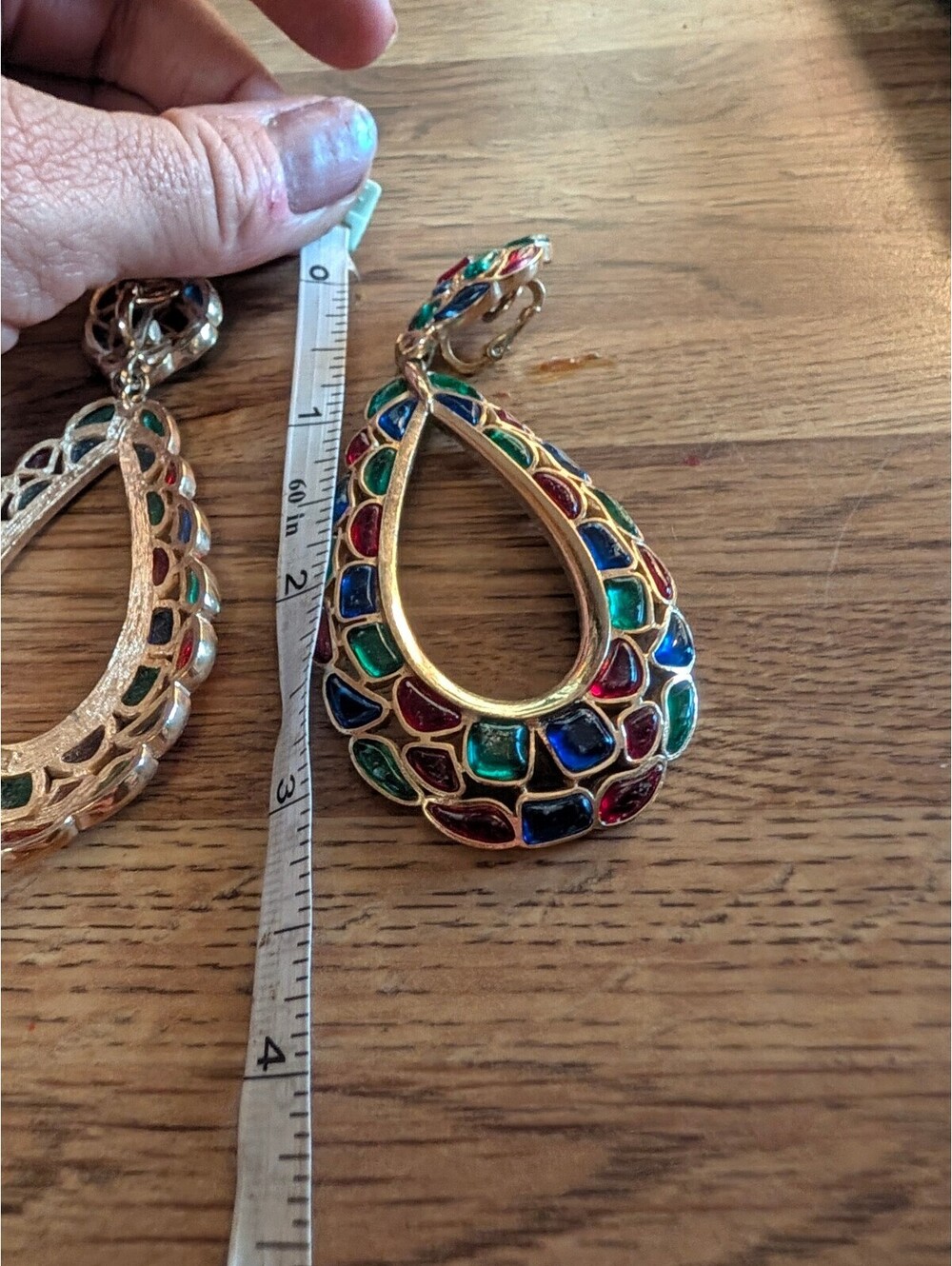 Trifari Colorful Teardrop Clip-On Earrings Multi-Colored Stained Glass Style - Picture 5 of 7